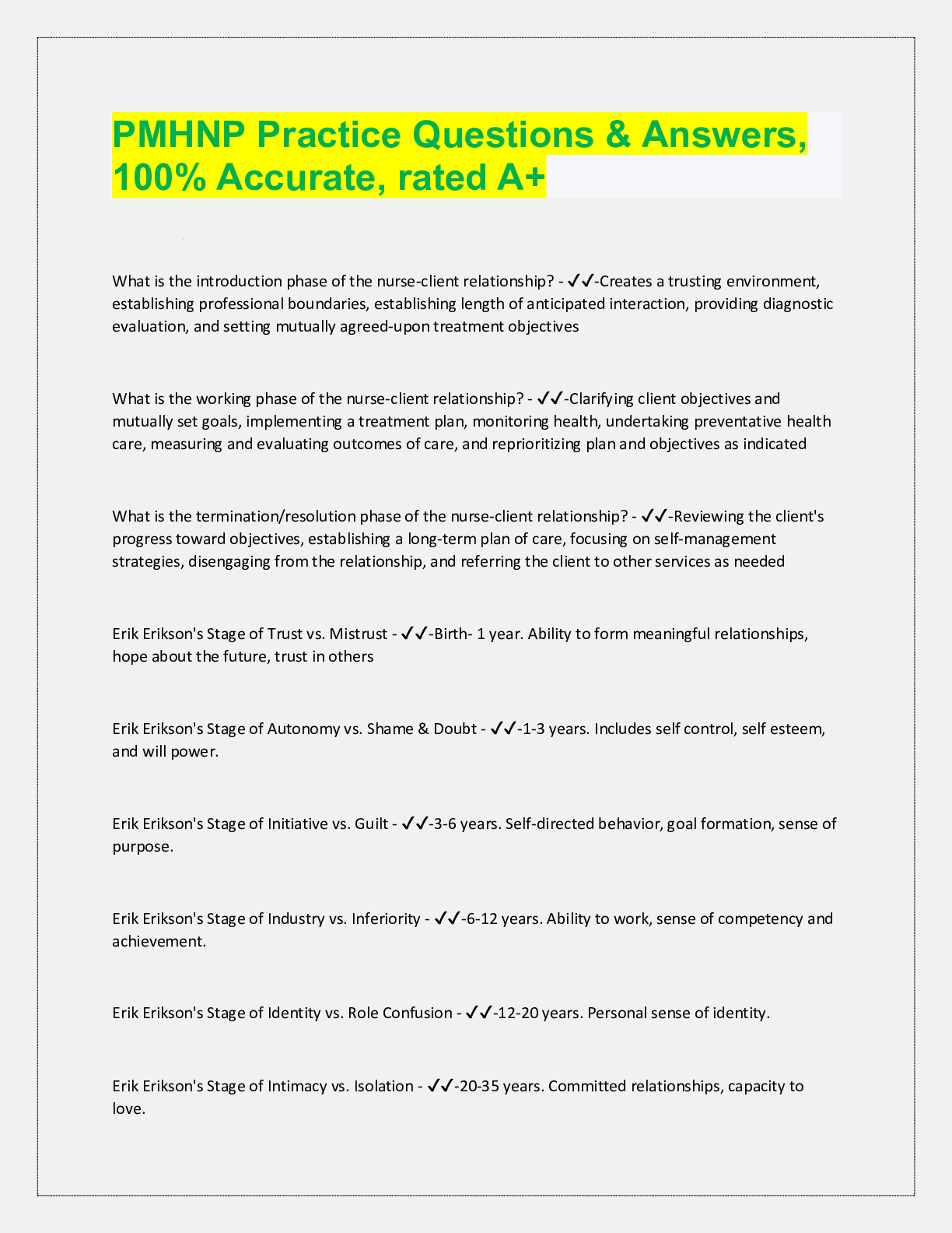 Preview image for PMHNP Practice Questions & Answers,  100% Accurate, rated A+